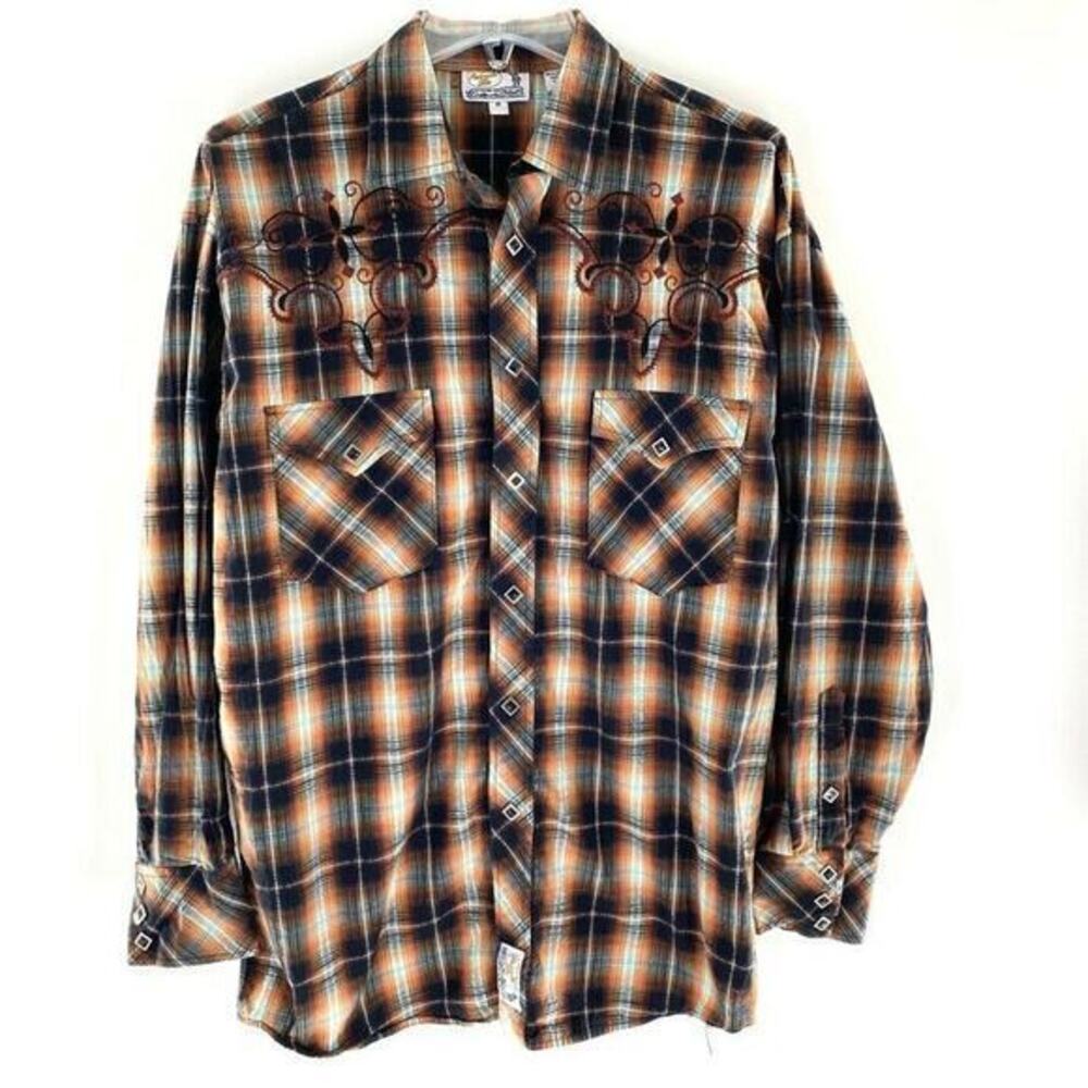 Panhandle Slim Mens Snap‎ Front Shirt Western Plaid Embroidered Brown/Black/Gray